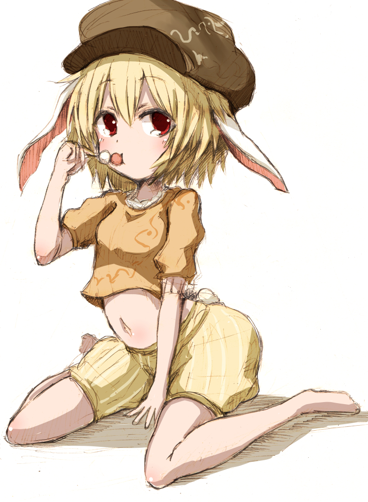1girl, animal_ears, baggy_shorts, bangs, bare_legs, barefoot, blonde_hair, bunny_tail