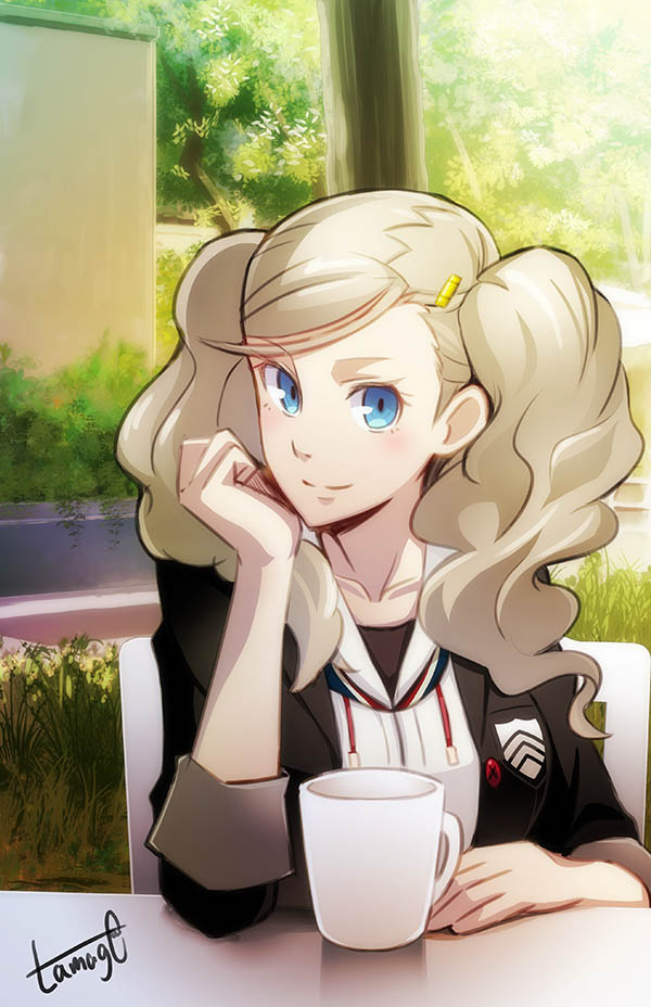 1girl, artist_name, atlus, bangs, blonde_hair, blue_eyes, bush, chair