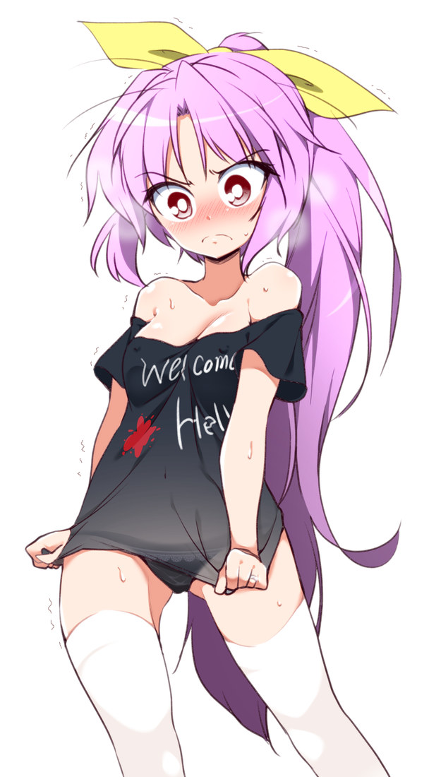 1girl, alternate_costume, bare_shoulders, black_panties, black_shirt, blush, bow, breasts