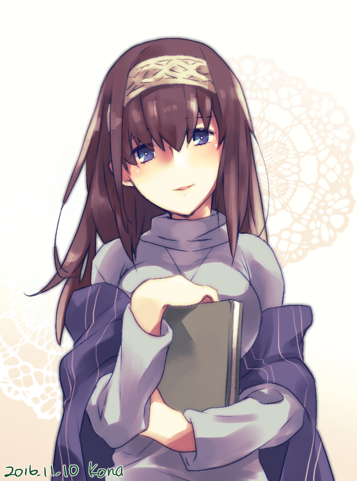 10s, 1girl, 2016, artist_name, black_hair, blue_eyes, book, breasts