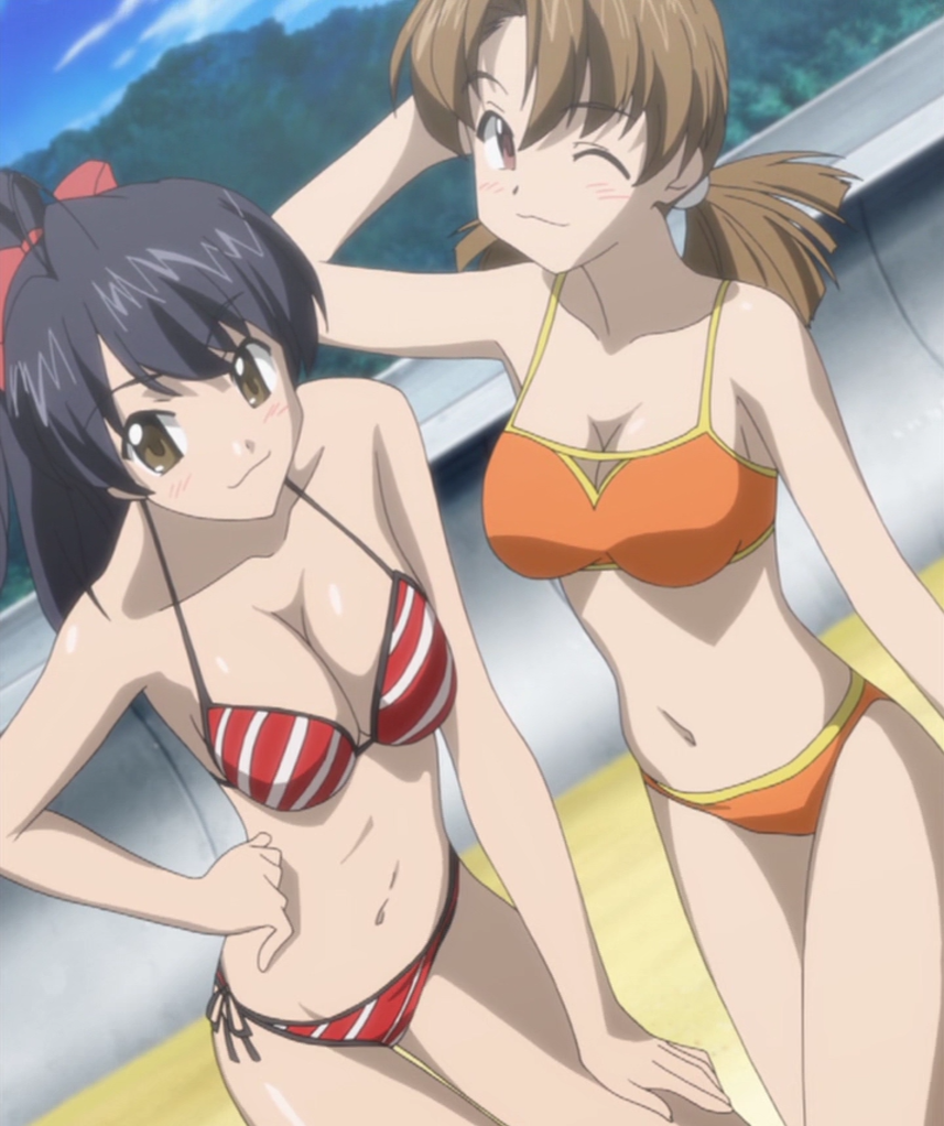 2girls, bare_shoulders, bikini, black_hair, blush, breasts, brown_hair, female, hair_ribbon, long_hair, low_twintails, multiple_girls, navel, ponytail, ribbon, screencap, serizawa_miu, short_hair, smile, stitched, suzuhara_chihaya, swimsuit, tona-gura!, twintails, wink