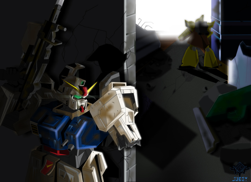 artist_name, damaged, gelgoog, ground_gelgoog, ground_gundam, gun, gundam, gundam_lost_war_chronicles