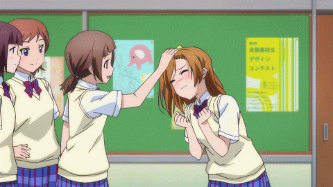 4girls, animated, animated_gif, bow, closed_eyes, fumiko_(love_live), hair_bow, hideko_(love_live), kousaka_honoka, love_live!, love_live!_school_idol_project, lowres, mika_(love_live), multiple_girls, orange_hair, paw_pose, petting, school_uniform, side_ponytail
