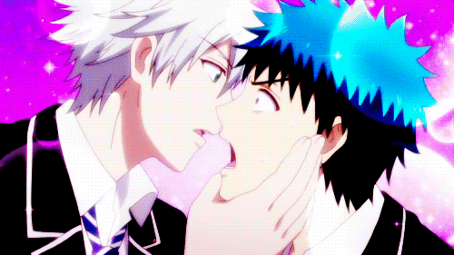 2boys, animated, animated_gif, blue_eyes, blue_hair, grey_hair, kiss, miyamura_toranosuke