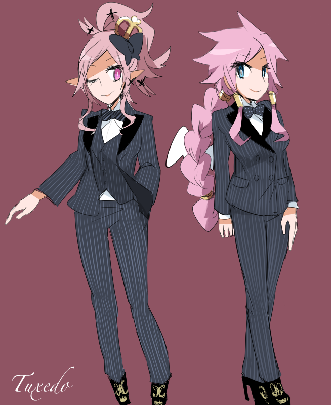 2girls, artina_(disgaea), blue_eyes, braid, breasts, crown, disgaea, high_heels, makai_senki_disgaea_4, makai_senki_disgaea_5, multiple_girls, pink_hair, pointy_ears, reverse_trap, seraphina_(disgaea), tuxedo, usamasuku, wings, wink