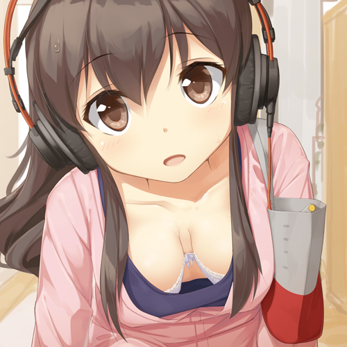 1girl, akagi_(kantai_collection), akai_ronii, bag, bra, breasts, brown_eyes, brown_hair
