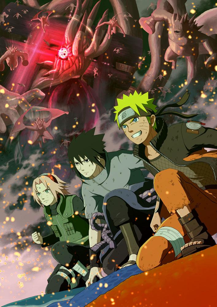 1girl, 2boys, dirty, facial_mark, forehead_mark, forehead_protector, haruno_sakura, juubi