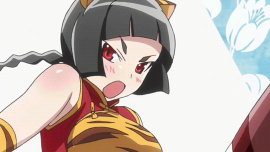 1girl, animal_ears, animated, animated_gif, black_hair, braid, cat_ears, cat_tail, china_dress, chinese_clothes, dress, etotama, garter_straps, hair_ribbon, kicking, red_eyes, ribbon, shima-tan, solo, tail, thigh-highs, tiger_print