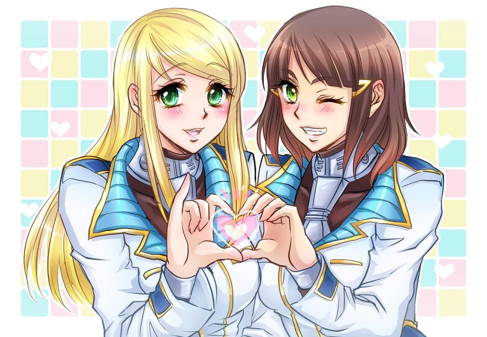 2girls, blonde_hair, blush, brown_hair, clenched_teeth, eva_frost, female, green_eyes