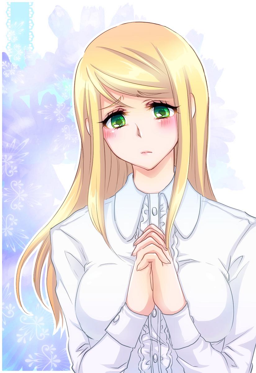 1girl, blonde_hair, blush, eva_frost, female, green_eyes, highres, kiraki
