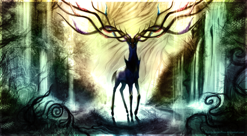 10s, antlers, deer, glowing, glowing_eyes, looking_at_viewer, no_humans, pokemon