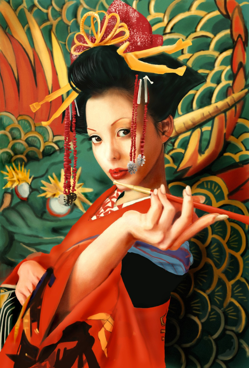 1girl, anna_tsuchiya, black_hair, dragon, floral_print, hair_ornament, j-rock, japanese_clothes