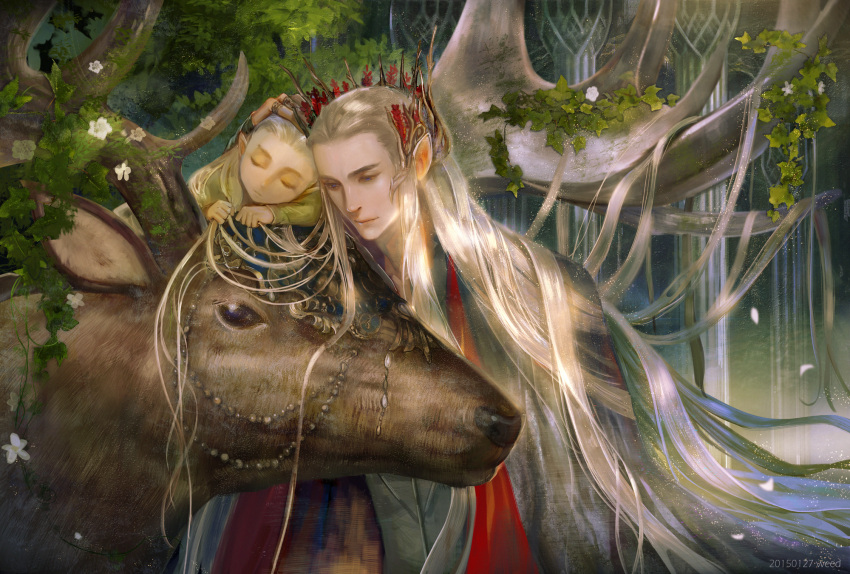 2boys, blonde_hair, elf, elk, family, father_and_son, forest, highres