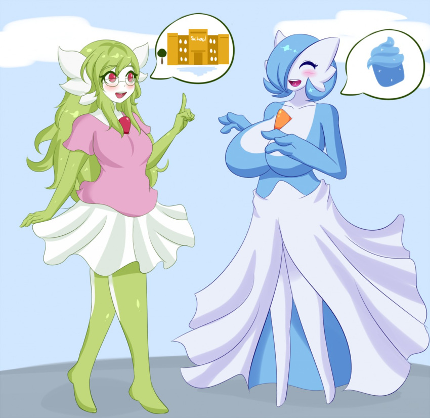 2girls, alternate_color, blue_hair, blush, breasts, cupcake, furry, gardevoir