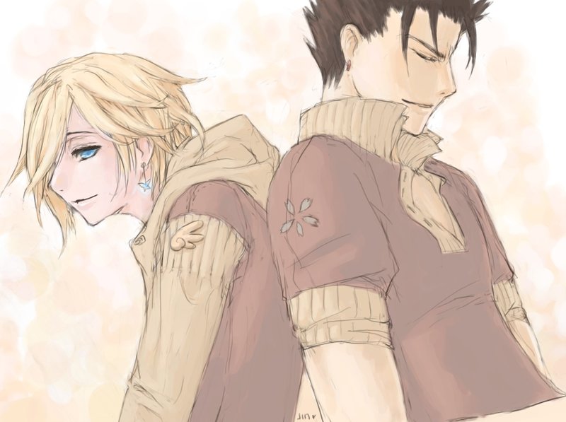black_hair, blonde_hair, blue_eyes, earrings, fay_d_flourite, kurofay, kurogane, male, tsubasa_chronicle, yaoi
