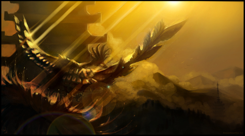 90s, bird, fog, ho-oh, mountain, no_humans, pagoda, pokemon, pokemon_(game), pokemon_gsc, renepolumorfous, shadow, sunlight, tower, wings
