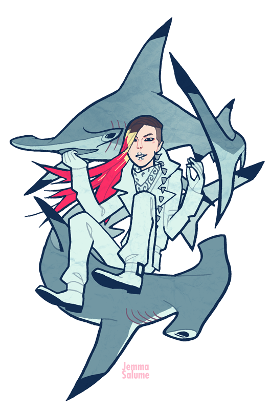 1boy, asymmetrical_hair, bandanna, bigbang, boots, g-dragon, gloves, hammerhead_shark, jewelry, k-pop, lip_ring, lipstick, long_hair, makeup, male_focus, multicolored_hair, necklace, shark, side_shave, solo, swimming, two-tone_hair, white_gloves, white_pants, white_shoes, white_suit