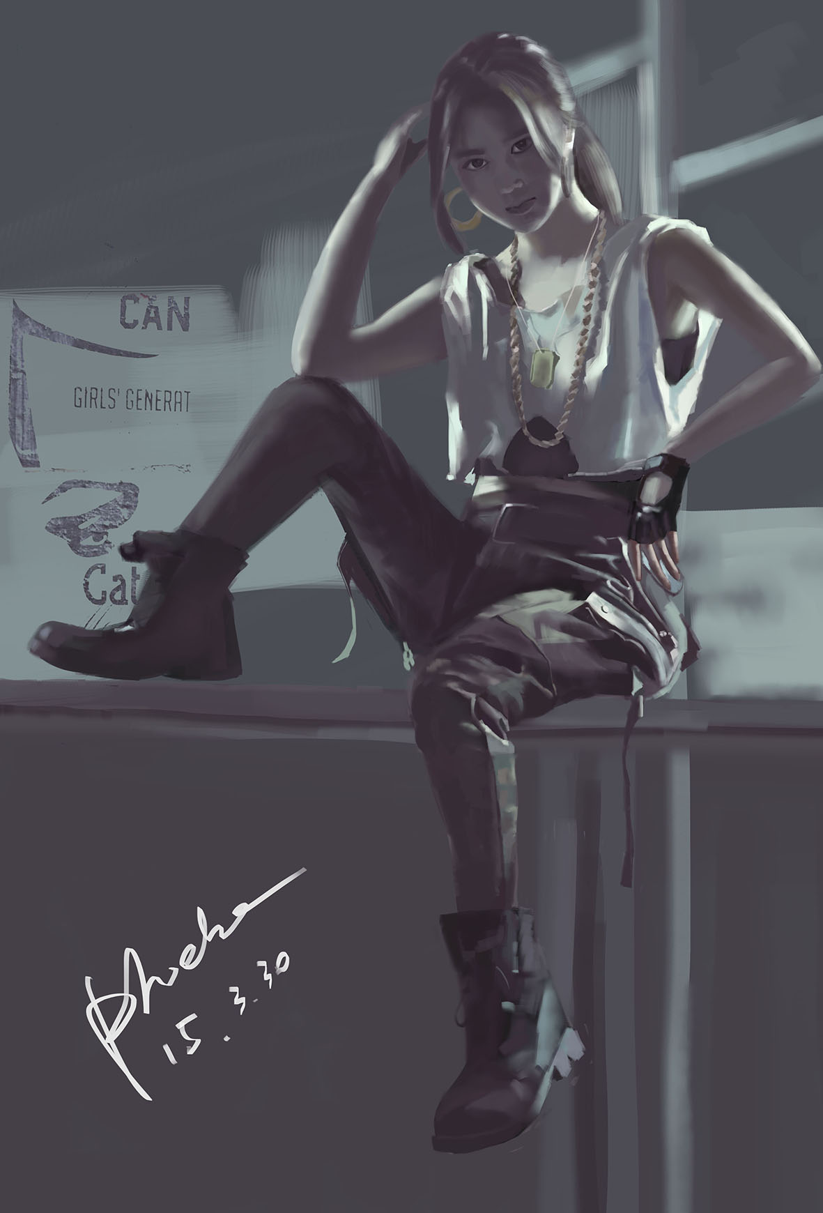10s, 1girl, 2015, belt, boots, chin_rest, cross-laced_footwear, dog_tags, earrings, female, fingerless_gloves, girls'_generation, gloves, hand_on_hip, jewelry, k-pop, lace-up_boots, looking_at_viewer, musician, necklace, pants, ponytail, sitting, solo, yuri_(girls'_generation)