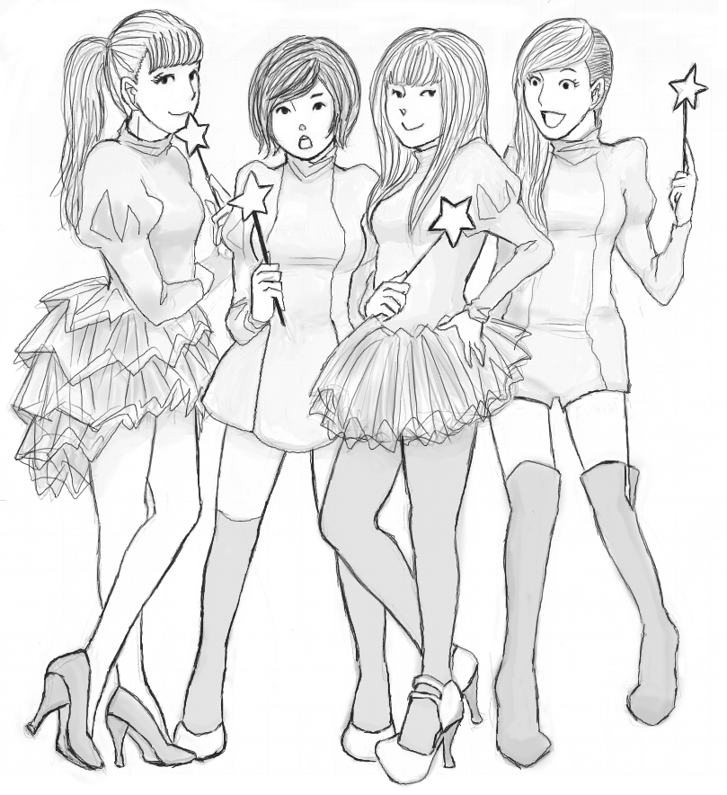 2ne1, 4girls, asymmetrical_hair, bangs, bom_(2ne1), boots, cl_(2ne1), dara_(2ne1)
