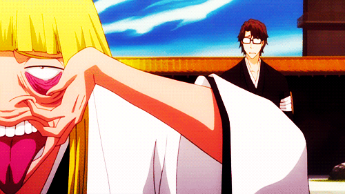 2boys, aizen_sousuke, animated, animated_gif, badge, bleach, blonde_hair, brown_hair
