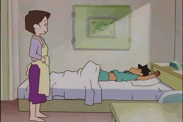 1boy, 1girl, 90s, animated, animated_gif, apron, bed, black_hair