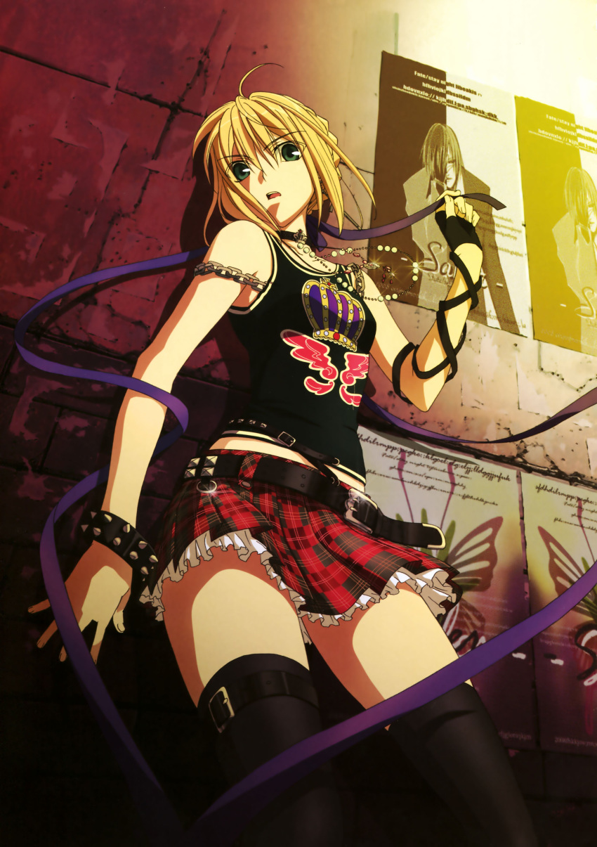 absurdres, against_wall, ahoge, alternate_costume, artist_request, belt, black_legwear, blonde_hair