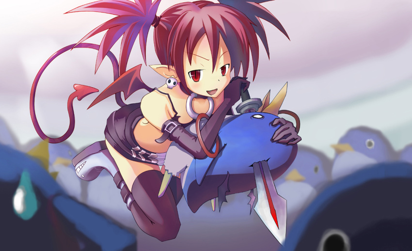 bracelet, demon_girl, disgaea, earrings, etna, gtr34rv, jewelry, pointy_ears, prinny, red_eyes, red_hair, redhead, sword, tail, thigh-highs, thighhighs, weapon, wings, zettai_ryouiki