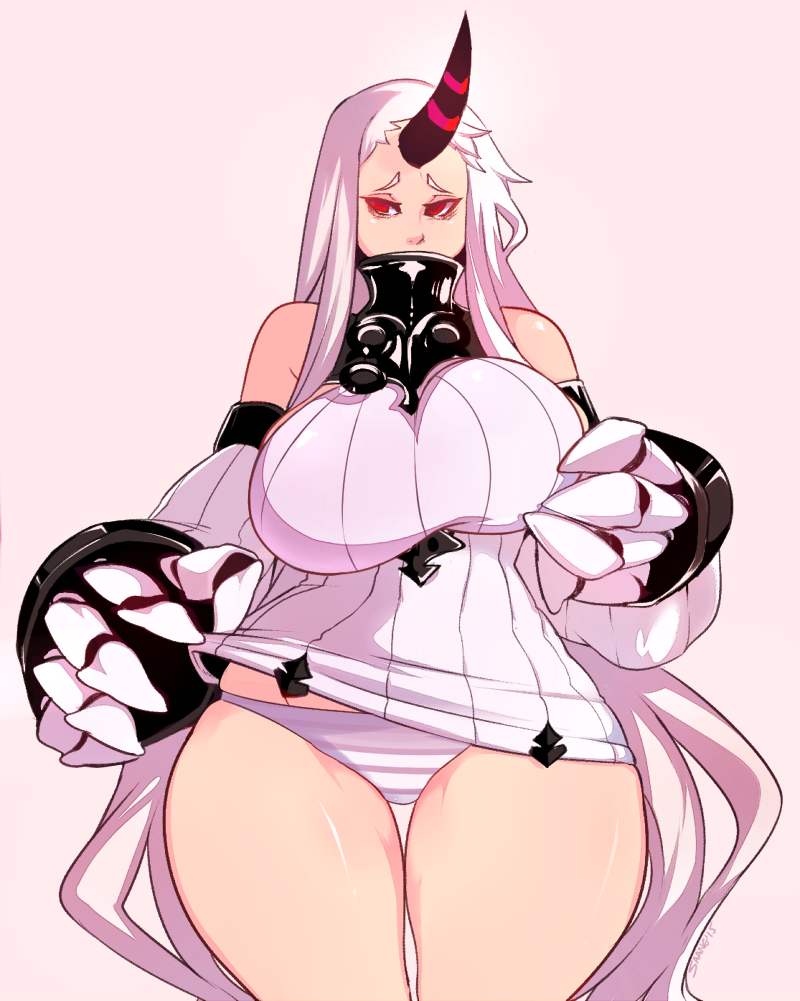 1girl, bare_shoulders, borrowed_character, breast_lift, breasts, claws, covered_mouth, curvy