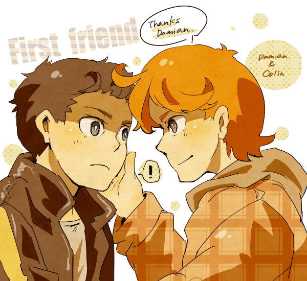 !, 2boys, batman_(series), black_hair, blue_eyes, brown_eyes, colin_wilkes, damian_wayne, dc_comics, jacket, male_focus, multiple_boys, orange_hair, plaid