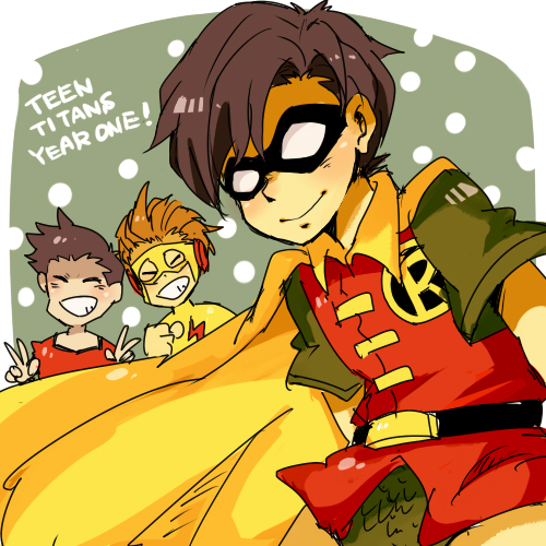 3boys, aqua_lad, black_hair, copyright_name, dc_comics, dick_grayson, garth, grey_skin