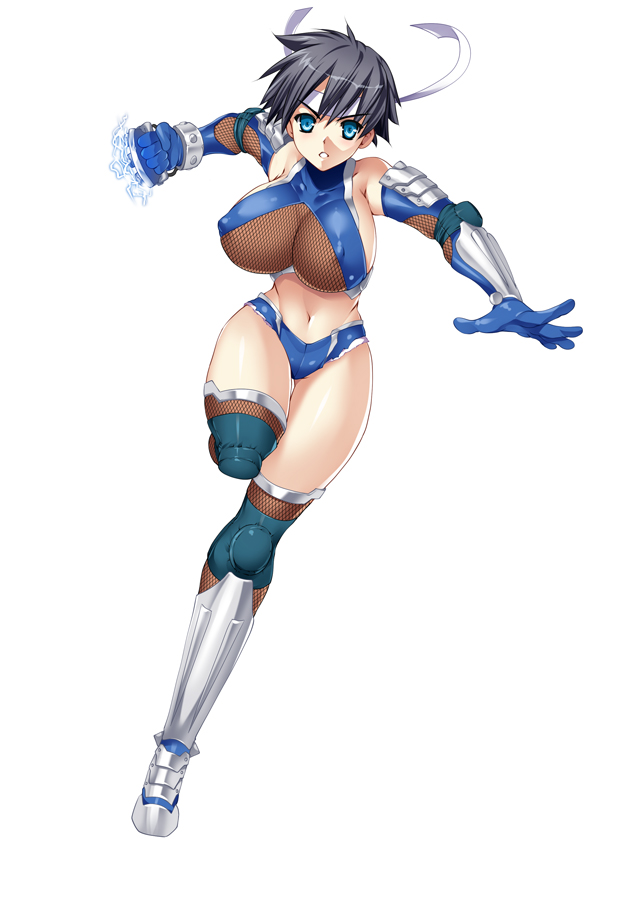 1girl, black_hair, blue_eyes, breasts, charging, electricity, fishnets, headband