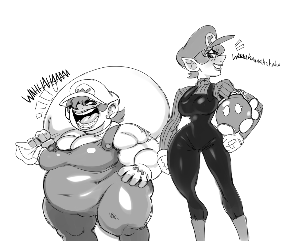 2girls, breasts, cleavage, curvy, english, fat, genderswap, grin