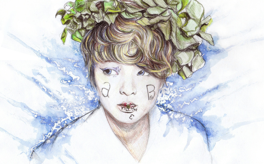 1girl, amber_liu, body_writing, f(x), head_wreath, ivy, k-pop, looking_to_the_side