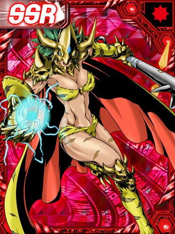 1girl, abs, bikini, blue_eyes, boots, breasts, cape, card_game, claws, cleavage, collar, curvy, digimon, digimon_collectors, fang, female, gauntlets, gem, gloves, green_hair, helmet, hips, horn, kinkakumon, knee_pads, large_breasts, legs, lowres, monster_girl, muscle, open_mouth, scar, short_hair, shoulder_pads, skull, striped_bikini, swimsuit, tagme, thighs, tiger_print, toned, weapon