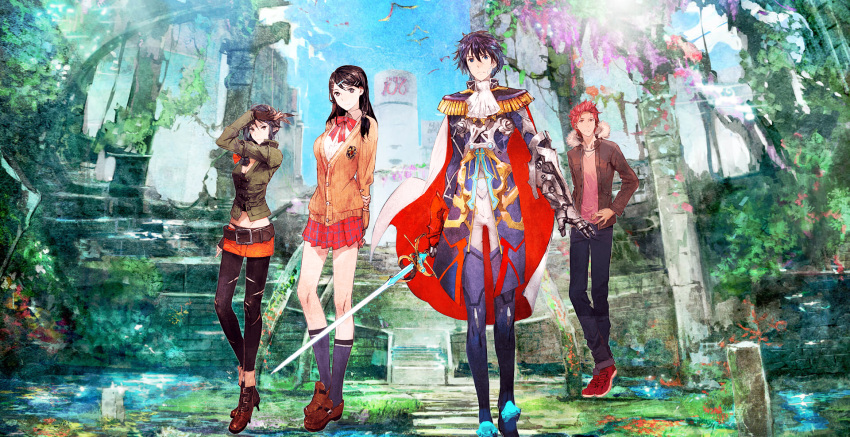 2boys, 2girls, akagi_touma, aoi_itsuki, atlus, belt, black_eyes, black_hair