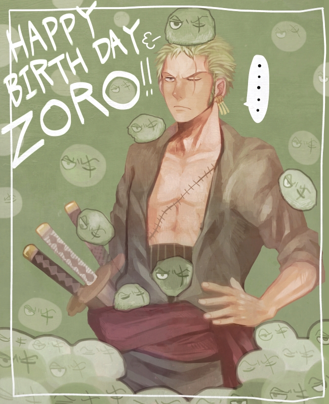 ..., 1boy, birthday, border, character_name, earrings, green_hair, hair_over_one_eye