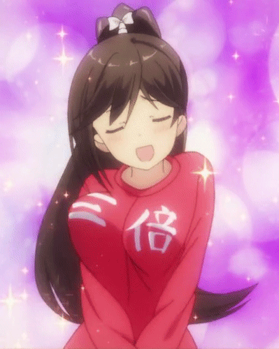1girl, animated, animated_gif, blush, bouncing_breasts, breasts, brown_hair, closed_eyes