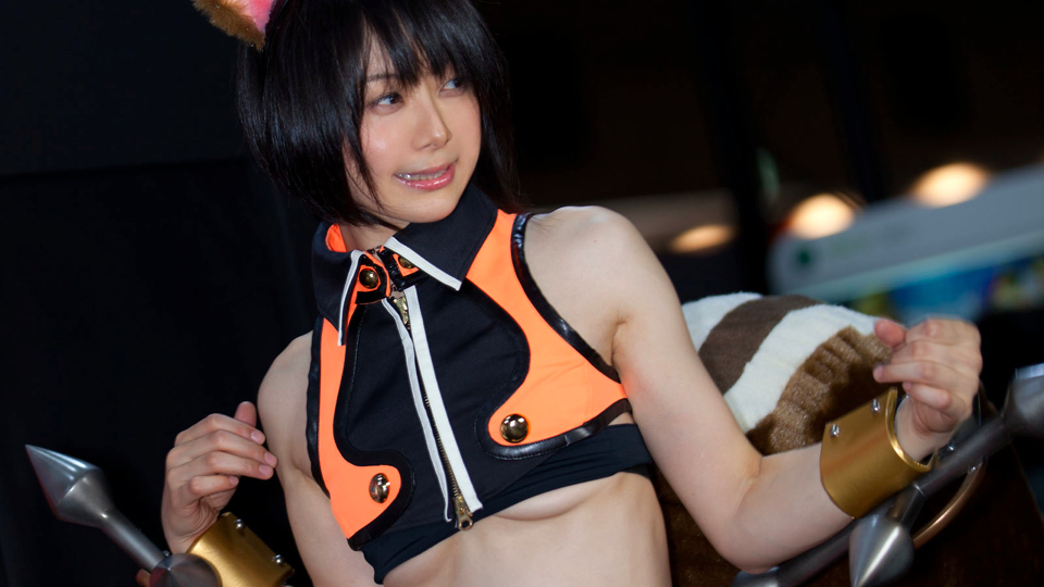 1girl, animal_ears, asian, blazblue, breasts, makoto_nanaya, photo, under_boob
