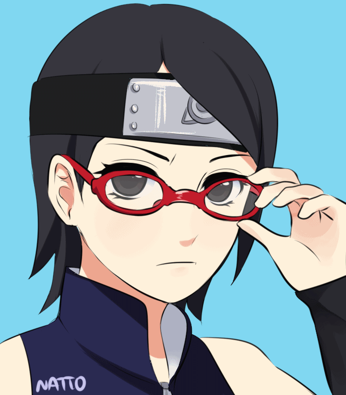 1girl, adjusting, animated, animated_gif, blinking, blue_background, forehead_protector, glasses