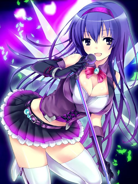 1girl, arm_gloves, breasts, cleavage, female, large_breasts, long_hair, looking_at_viewer