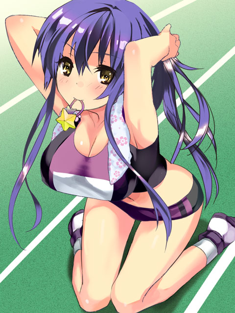 1girl, arms_behind_head, arms_up, blush, breasts, cleavage, female, hair_ornament