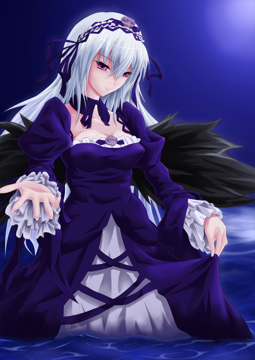1girl, breasts, dress, hairband, lolita_fashion, long_hair, pink_eyes, rozen_maiden