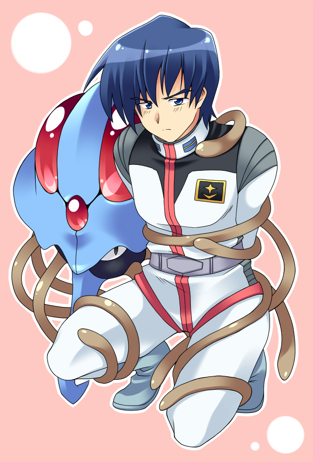 1boy, blue_eyes, blue_hair, gundam, gundam_side_story:_the_blue_destiny, pilot_suit, pokemon, pure_(artist)