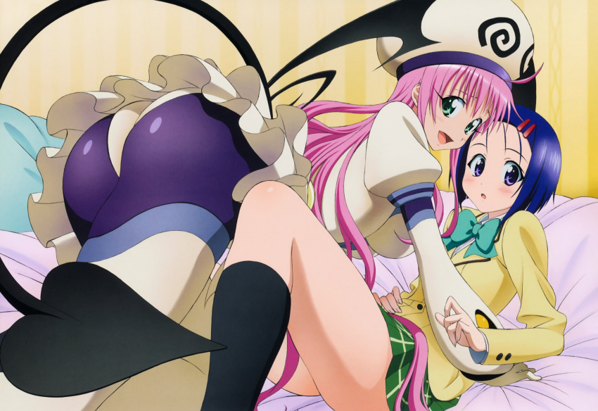 2girls, absurdres, ahoge, ass, blue_eyes, blue_hair, blush, devil_tail