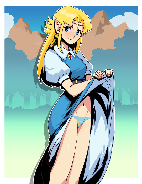 1girl, blonde_hair, blue_eyes, blue_panties, blush, daga, earrings, jewelry