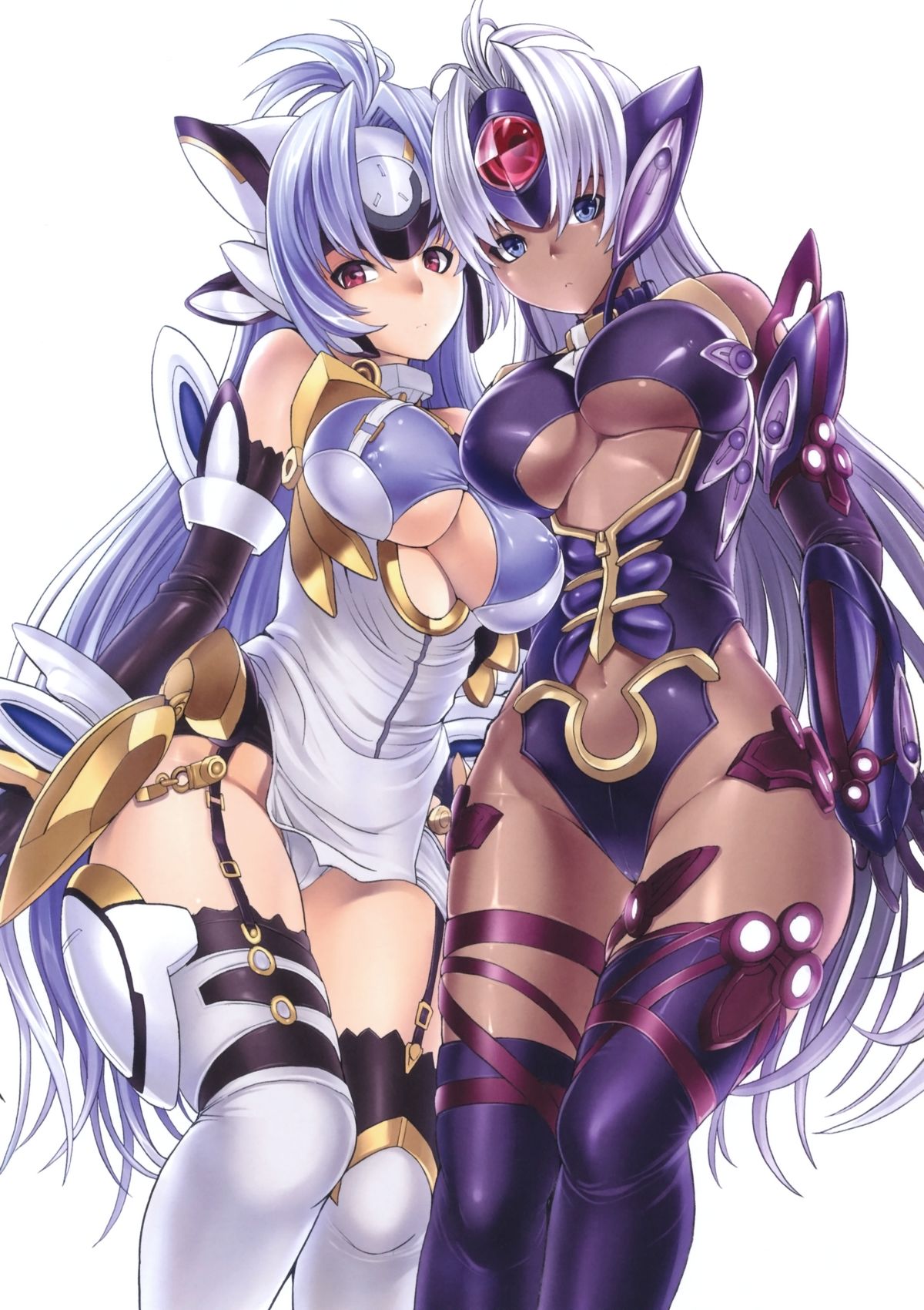 2girls, armor, blue_eyes, blue_hair, breasts, dark_skin, hakaba_(dairiseki), kos-mos, large_breasts, multiple_girls, red_eyes, t-elos, white_hair, xeno_(series), xenosaga