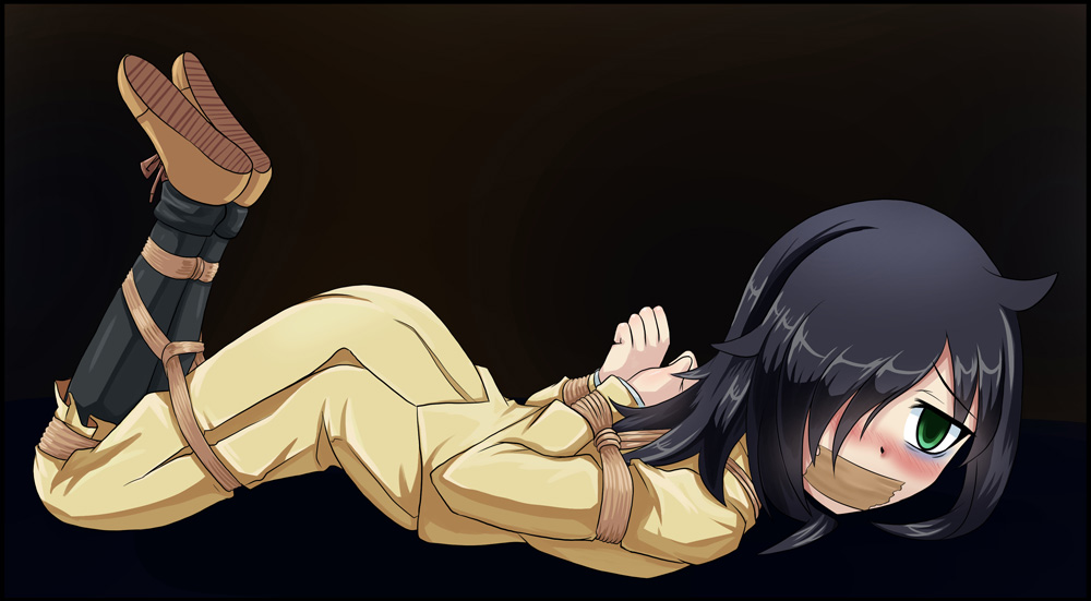 1girl, bags_under_eyes, bdsm, black_hair, bondage, bound, cyber_(cyber_knight), gag