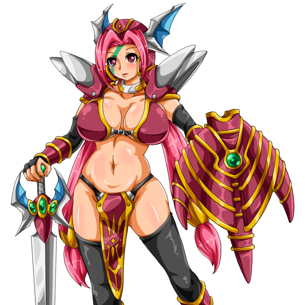 1girl, armor, bikini_armor, blush, breasts, curvy, expressionless, huge_breasts, long_hair, navel, pink_eyes, pink_hair, shield, shiny, shiny_skin, solo, standing, sword, ten2009, thigh-highs, twintails, very_long_hair, wide_hips