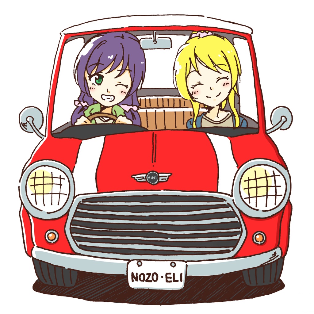2girls, ayase_eli, blonde_hair, blush, car, closed_eyes, green_eyes, grin