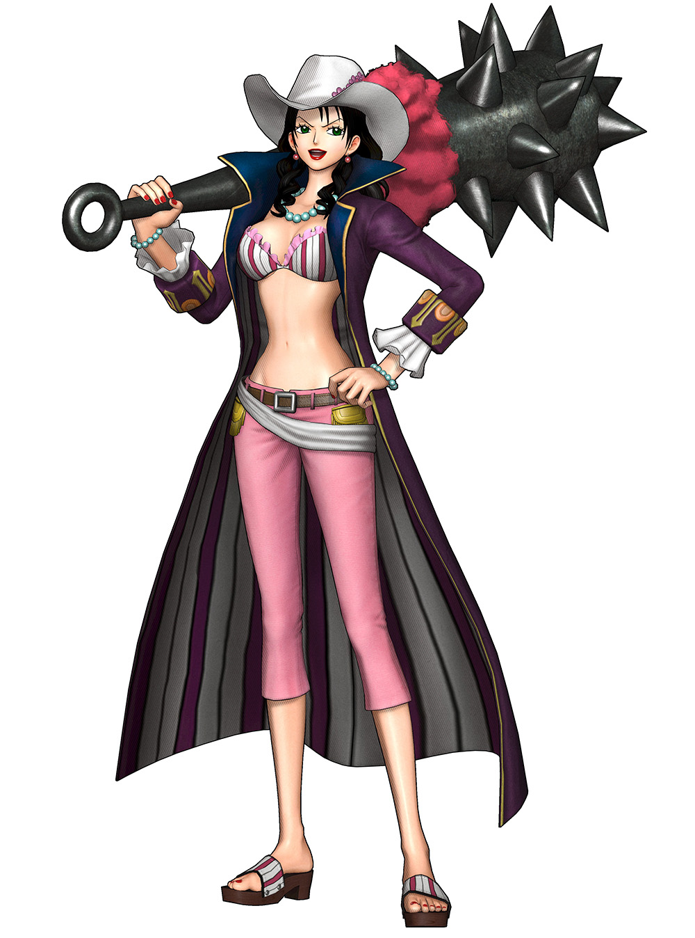 1girl, 3d, alvida, bra, bracelets, breasts, club, earrings, feet, green_eyes, jewelry, lipstick, makeup, midriff, nail_polish, necklace, official_art, one_piece, one_piece:_pirate_warriors, sandals, spiked_club, toenail_polish, underwear, weapon